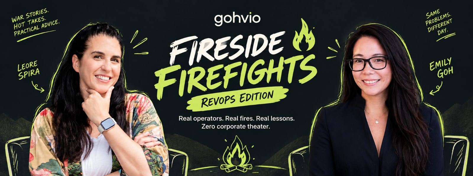 Fireside & Firefights: RevOps Edition. Real operators. Real fires. Real lessons. Zero corporate theater. Leore Spira on the left and Emily Goh on the right, either side of a campfire.