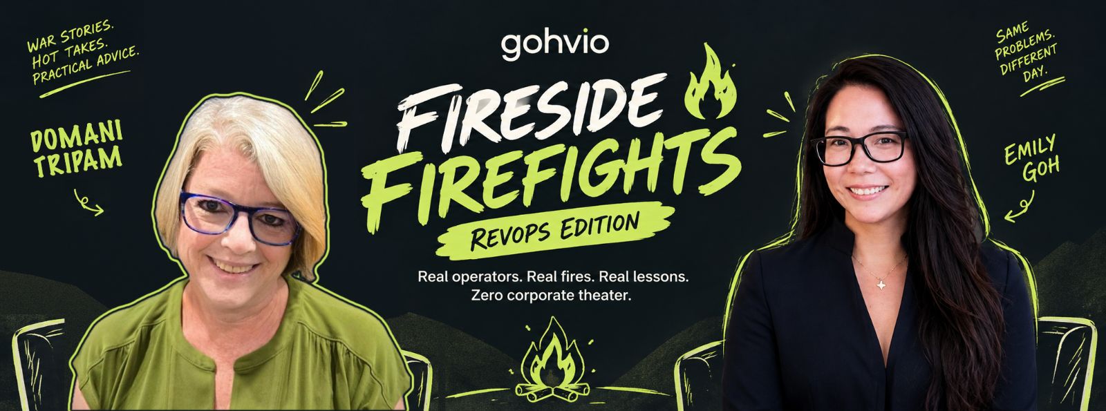 Fireside & Firefights: RevOps Edition. Real operators. Real fires. Real lessons. Zero corporate theater. Domani Tripam in an armchair on the left and Emily Goh on the right, either side of a campfire.
